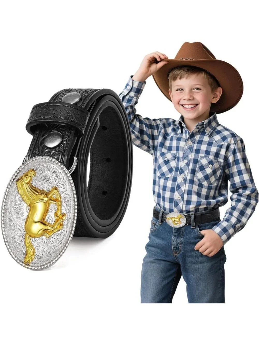 Kids Western Cowboy Belt - Genuine Leather, Embossed, Removable Buckle, Perfect